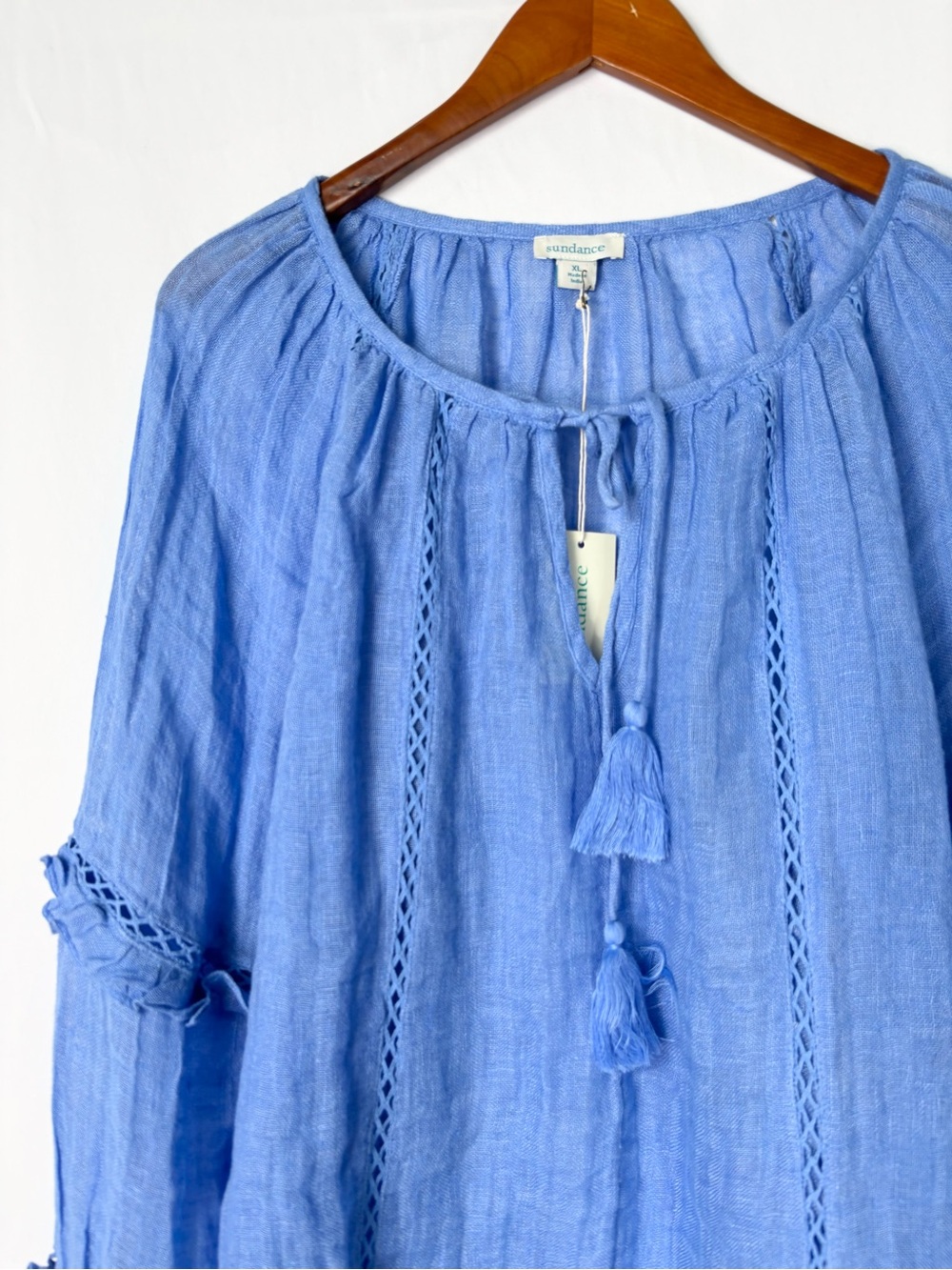 NEW Sundance Linen Blouse Blue Size XL Boho Long Sleeve Keyhole - Picture 2 of 6